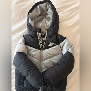 Nike Kids Puffer Jacket Black Grey Hooded Winter Coat Just Do It